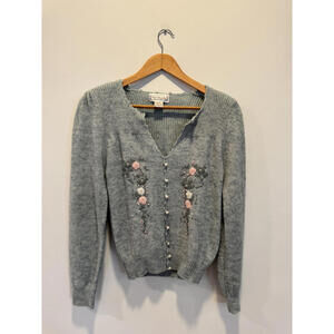 Knit Knacks Vintage Gray Embroidered Button-Up Cardigan Sweater Pearl Pink